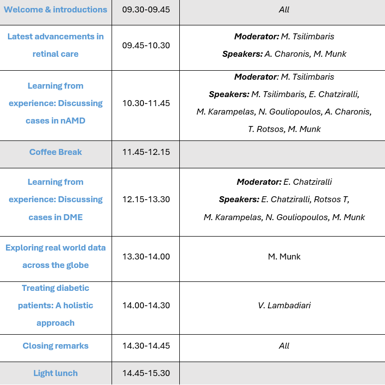 Agenda of Bayer Hellas AG Ophthalmology Medical Event Mastering Patient Outcomes: Contemporary perspectives in retinal disease management
